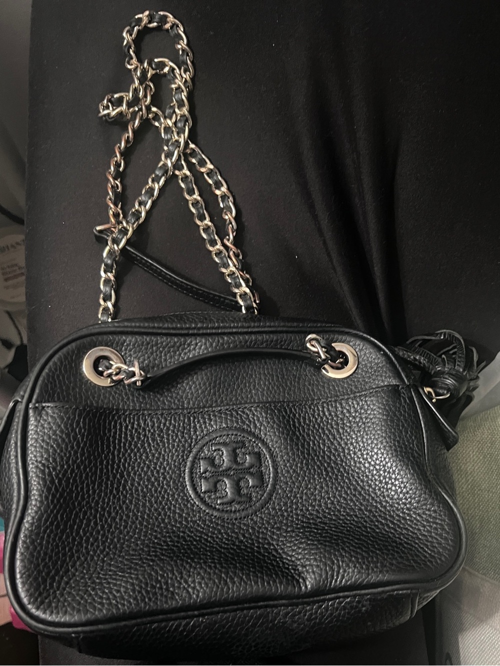 Tory Burch Black Pebbled Leather Chain Crossbody